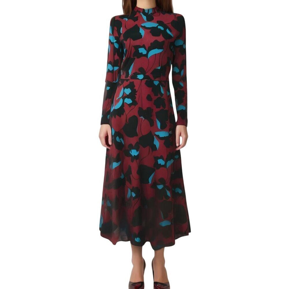 Kate Spade Red, black & Blue Floral Ruffle Midi Dress Size M